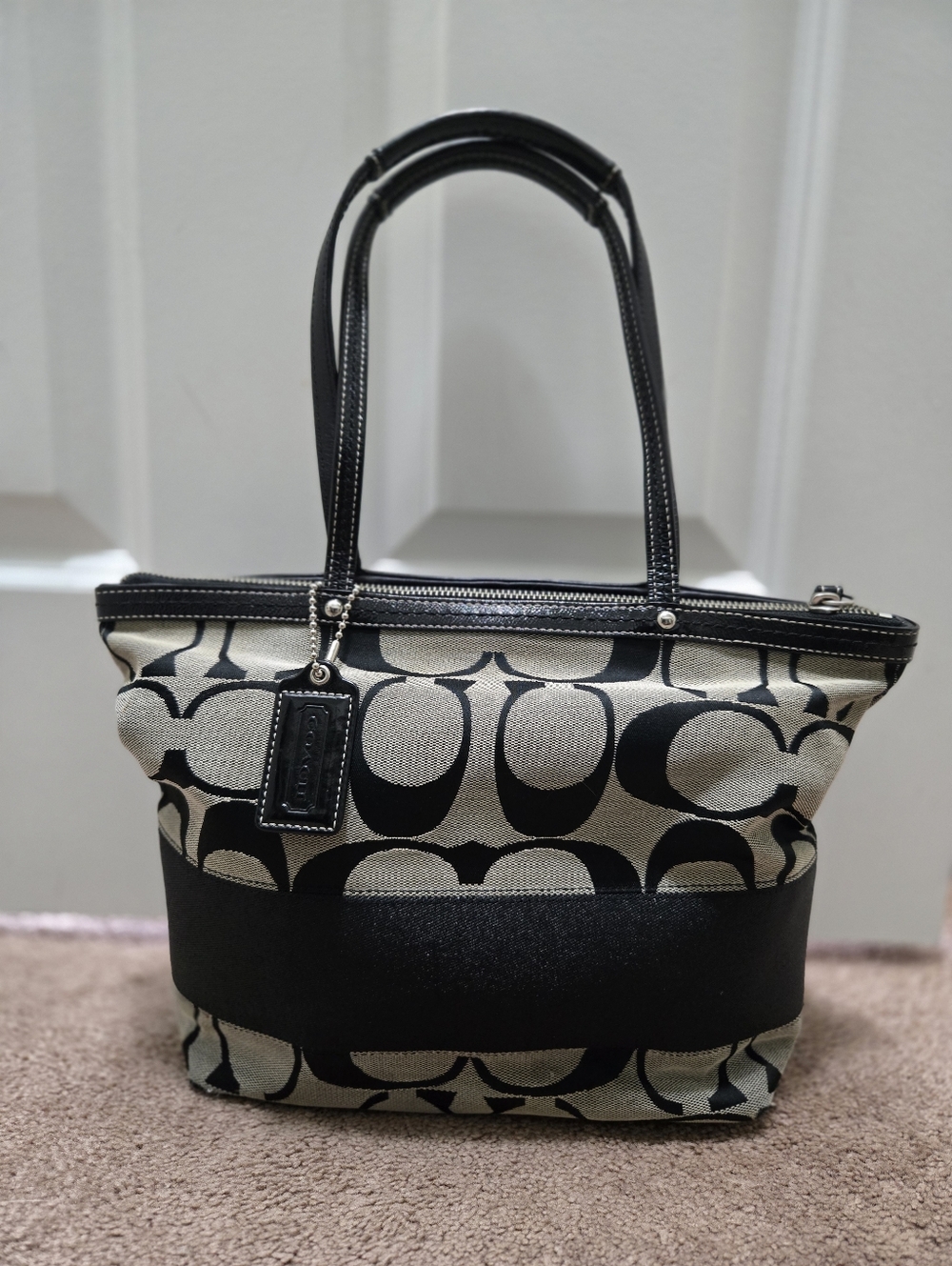 Coach Black and Cream Signature Canvas Tote